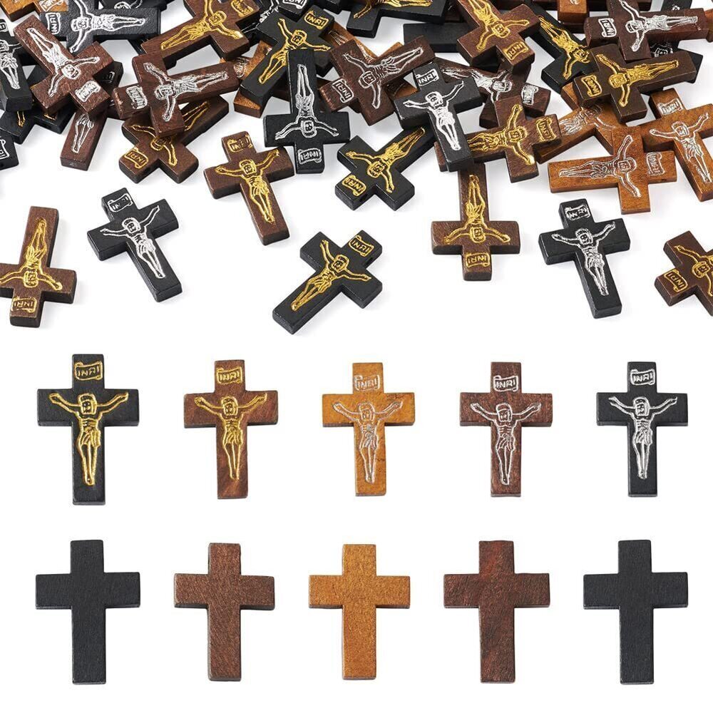 9562 100Pcs Crucifix Cross Wood Pendants Crucifix Cross Printed Wooden